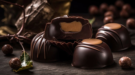 chocolate candies on wooden table, dark background, selective focusの素材