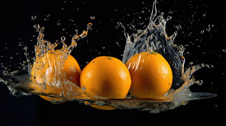 Fresh oranges falling into water with splash on black background, closeupの素材