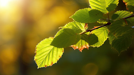 Green leaves on a branch in the sunlight. Natural background with copy space.の素材