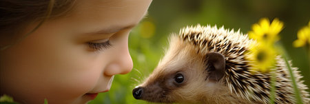 Cute little boy playing with a hedgehog in the meadowの素材