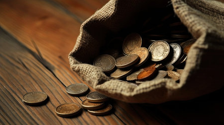 Coins in a bag on a wooden background. Business concept.の素材