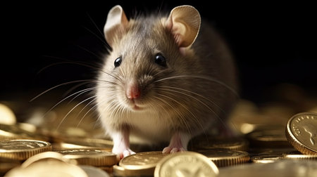 Gray rat on a pile of gold coins on a black background.の素材
