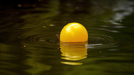 Yellow buoy floating in the water with reflection on the surface of the waterの素材