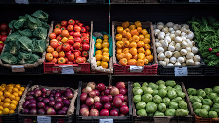 Variety of fresh fruits and vegetables for sale at a grocery storeの素材