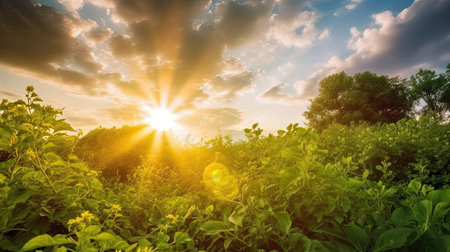 Sunset over soybean field with green plants and sunbeamsの素材