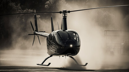 Helicopter landing on the runway in the rain. Toned.の素材