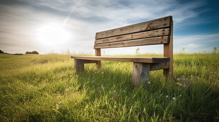 Wooden bench on the meadow in the sunset. Vintage styleの素材