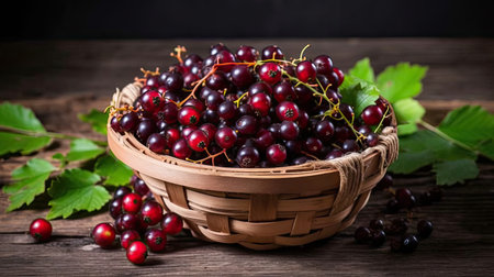 Fresh red currant in a wicker basket on a wooden tableの素材