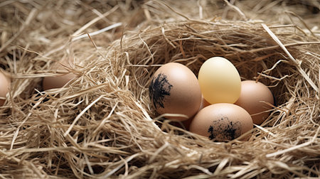 Eggs in a nest of straw. Close-up.の素材
