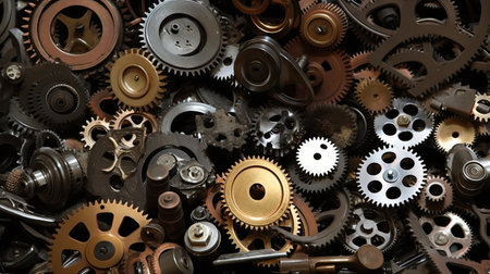 Steampunk background with mechanical gears and cogwheels. Close up.の素材