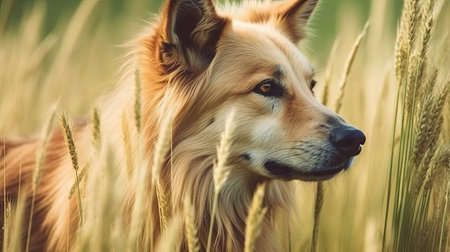 Portrait of a dog in the field with ears of wheat.の素材