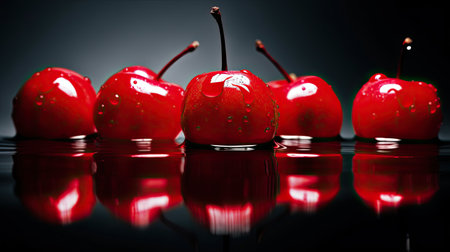 Red cherries on a dark background. Shallow depth of field.の素材