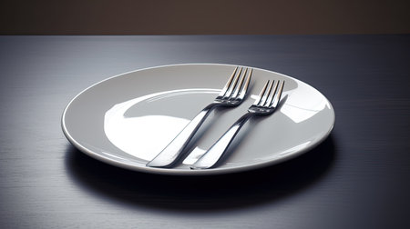 Empty plate with fork and knife on dark background. Selective focus.の素材