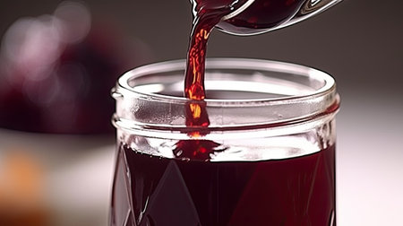 Pouring red wine into a glass jar, close-up.の素材