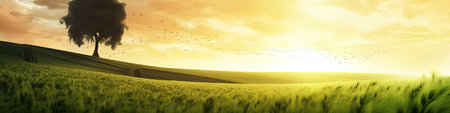 Lonely tree in the field at sunset, panoramic bannerの素材