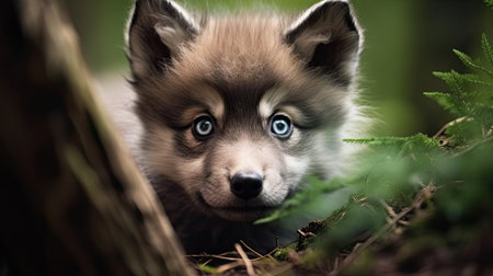 Portrait of a cute siberian husky puppy in the forestの素材