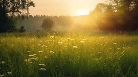 beautiful summer landscape with meadow and sun in the morning.の素材