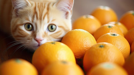 Cute ginger kitten with orange fruits, close up. Healthy food conceptの素材
