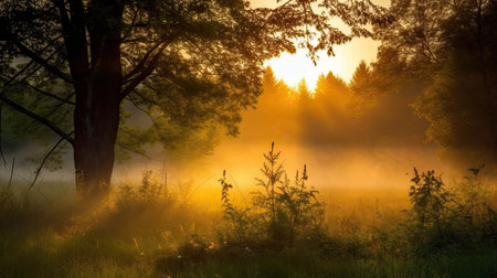 Foggy sunrise in the woods. Beautiful summer landscape with fog.の素材