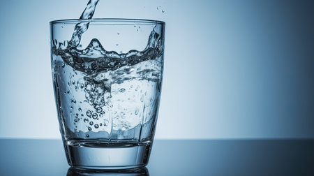 Glass of water with splashes on a blue background. Toned.の素材