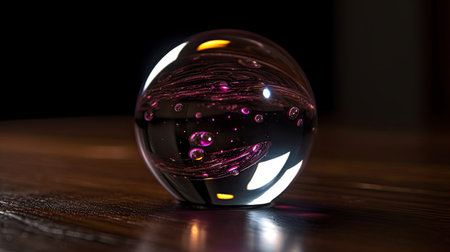 Close up of a crystal ball on a wooden table with black backgroundの素材