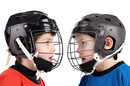 Portrait of a boy and girl in hockey helmets, isolated on white backgroundの素材
