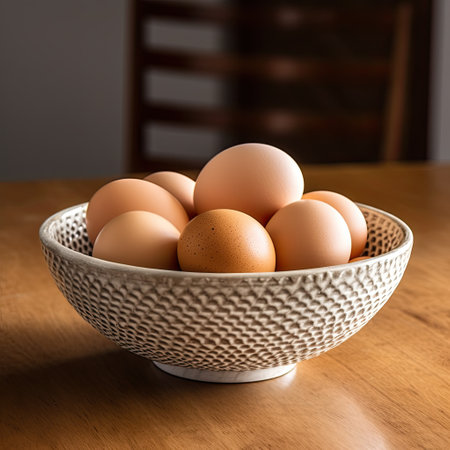 Eggs in a bowl on a wooden table. Selective focus.の素材