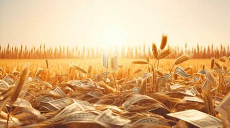 Wheat field and sunset. 3d illustration. Vintage style.の素材