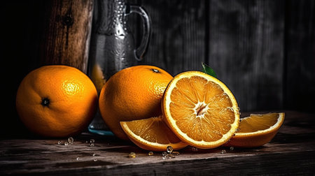 Still life with fresh oranges on wooden background. Selective focus. Toned.の素材