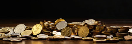 Coins on wooden table and black background, panoramic shotの素材