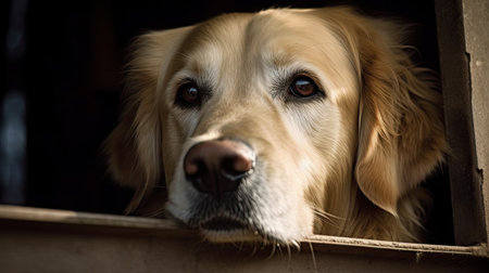 Portrait of golden retriever dog in a wooden box. Selective focus.の素材