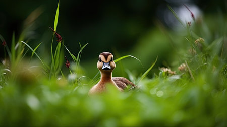 Close up of a duckling on a green meadow in the summerの素材