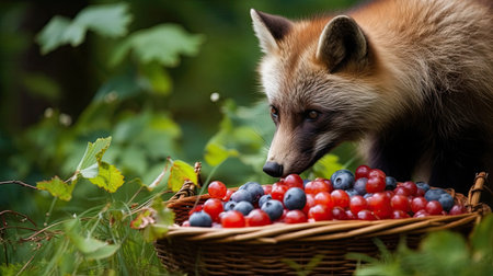Red fox (Vulpes vulpes) with berries in a basketの素材