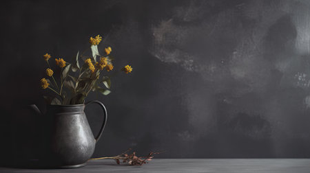 Still life with bouquet of yellow flowers in vase on black backgroundの素材