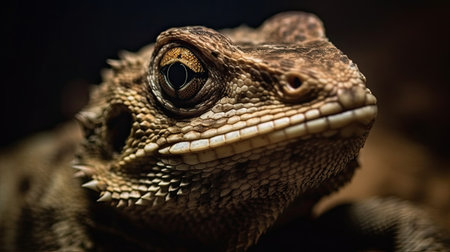 Close up portrait of a bearded dragon on a dark background in a zooの素材