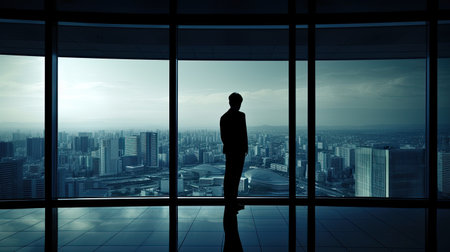 Businessman looking at the city through the window. 3D renderingの素材