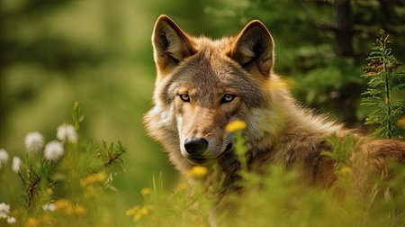 Close-up portrait of a wild wolf in the summer forest.の素材