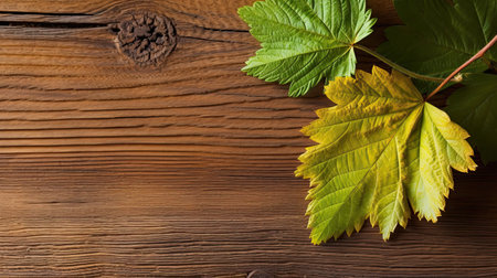 Grape leaves on a wooden background. Top view with copy space.の素材