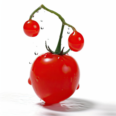 fresh cherry tomato with water drops isolated on white background. 3d illustrationの素材