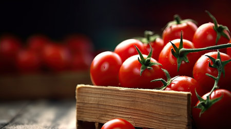 Ripe red tomatoes in a wooden box on a dark background.の素材