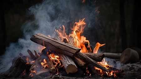 Burning firewood on the bonfire in the night forest.の素材