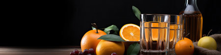 Tequila shot with orange and grape on wooden table. Bannerの素材