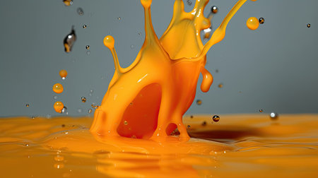 orange paint splashing on grey background. 3d rendering orange liquid splashの素材