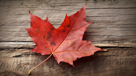 Red maple leaf on old wooden background. Autumn concept. Selective focus.の素材