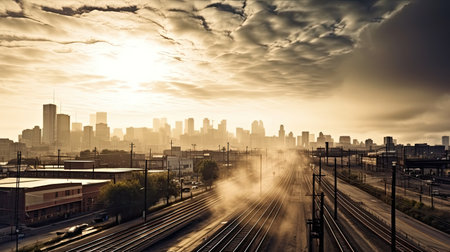 Railway tracks and skyline of Chicago at sunset, Illinois, USA.の素材
