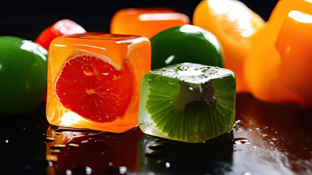 Fruit jelly candies on a black background. Selective focus.の素材