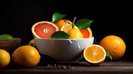 Fresh oranges and lemons in bowl on wooden table with black backgroundの素材