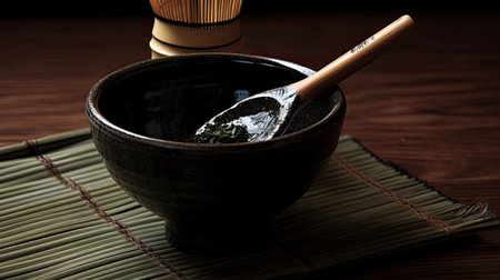 Japanese sake in black ceramic bowl with wooden spoon on bamboo mat.の素材