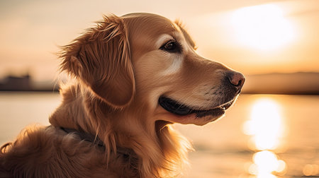 Golden Retriever dog on the beach at sunset or sunrise.の素材