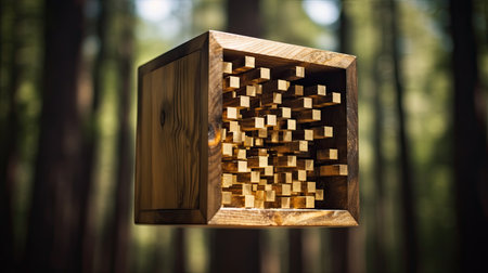 Wooden cubes in a wooden box on the background of the forestの素材